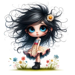 15 Quirky Girl Clipart, Commercial Use, Cute Whimsical Girl, 300 DPI JPGs, Instant Download, Cute Doll, DIY Journal, Black Hair Girl Clipart