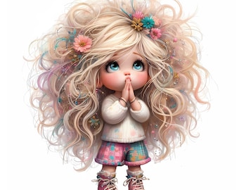 15 Whimsical Praying Girl Clipart, Commercial Use, Cute Whimsical Girl, 300 DPI JPGs, Instant Download, DIY Cards/Journal, Praying Clipart