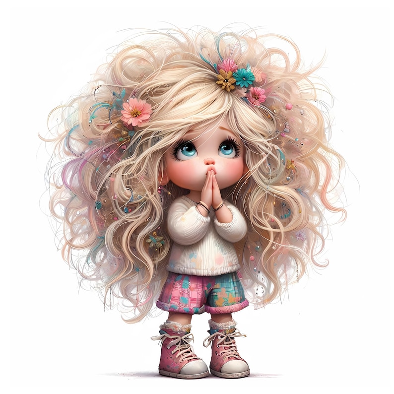 May include: A digital illustration of a young girl with long, curly blonde hair. She is wearing a white sweater, pink and blue plaid shorts, and pink sneakers. She has a flower crown in her hair and is holding her hands together in a prayer position.