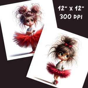 Peut inclure: Deux illustrations num&eacute;riques de filles portant des tutus rouges. La fille de gauche a les cheveux bruns avec deux couettes et porte une chemise blanche. La fille de droite a les cheveux bruns avec une queue de cheval et porte une chemise blanche &agrave; pois noirs et des lunettes rondes.
