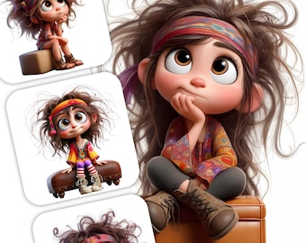 Whimsical Hippie Girl Clipart: Boho Illustration Set (Digital Download)