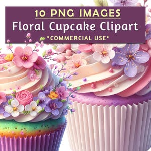 10 Clipart de Cupcake Floral - Arquivos PNG Download Digital 300 DPI para Uso Pessoal e Comercial