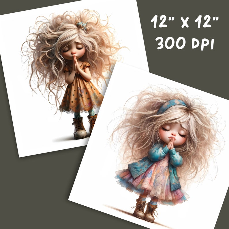 May include: Two digital illustrations of girls with long blonde hair, wearing dresses and boots, with their hands clasped in prayer. The girls have closed eyes and are looking down. The background is white.