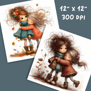 May include: Two girls with long brown and blonde hair are hugging each other. They are wearing colorful sweaters, striped tights, and brown boots. The girls are standing in a field with fallen leaves and flowers. The image is 12 inches by 12 inches and 300 DPI.