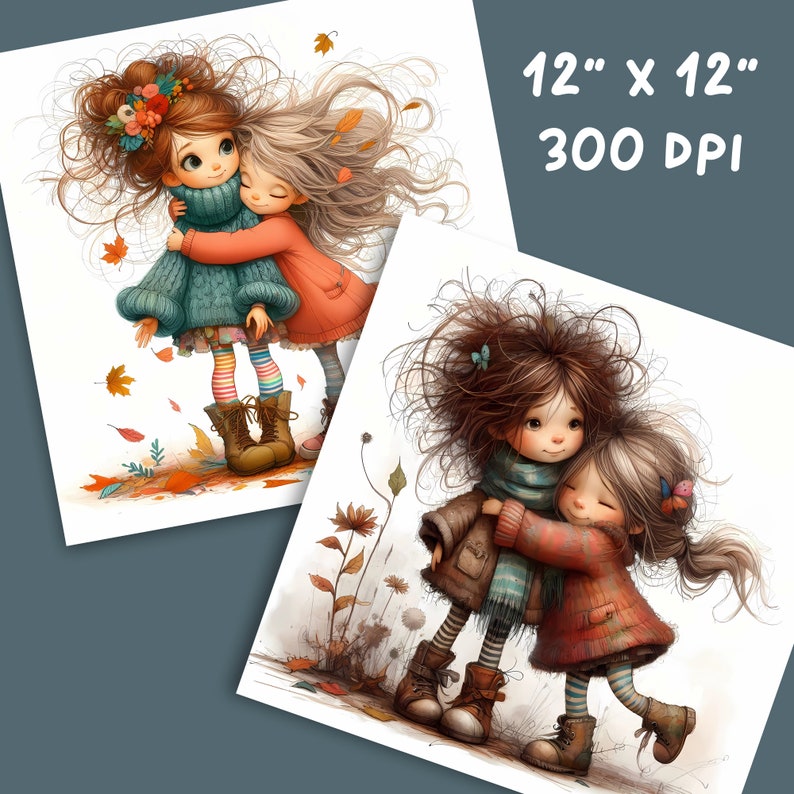 May include: Two girls with long brown and blonde hair are hugging each other. They are wearing colorful sweaters, striped tights, and brown boots. The girls are standing in a field with fallen leaves and flowers. The image is 12 inches by 12 inches and 300 DPI.