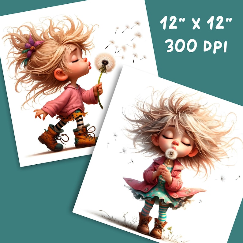 May include: Two prints featuring a cartoon girl blowing dandelion seeds. The girl wears a pink jacket, boots, and striped socks. The prints are 12" x 12" and 300 DPI. One print shows the girl walking, and the other shows her sitting.