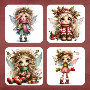 May include: Four illustrations of fairies with wings, wearing winter clothing and holding winter-themed accessories. Each fairy has a wreath of holly and berries on their head. The fairies are wearing red and white striped stockings, green and white striped scarves, and red mittens. The fairies are holding a candy cane, a cup of hot chocolate, a scarf, and a red and white striped stocking.