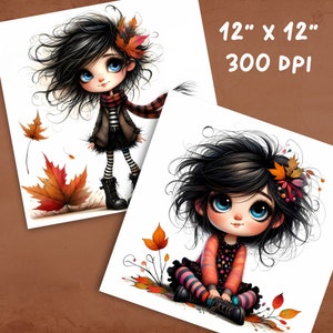 May include: Two digital illustrations of girls with large eyes and black hair. The girls are wearing fall-themed outfits and are surrounded by autumn leaves. The text "12" x 12" 300 DPI" is in the top right corner of the image.