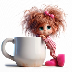 10 Whimsical Girl Clipart - Girls with Giant Coffee Cups JPG Images 300 DPI for Personal and Commercial Use