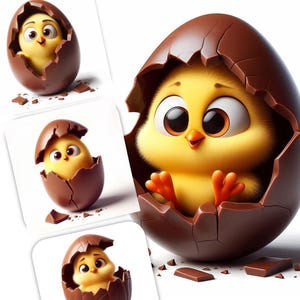 10 cliparts de Pâques fantaisistes - 10 poussins originaux dans des œufs de Pâques en chocolat - Joli téléchargement numérique pour travaux manuels et cartes, usage commercial