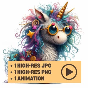 Puede incluir: Ilustración caprichosa de un unicornio con un cuerno dorado, que lleva gafas redondas con lentes en forma de estrella. El unicornio tiene un cuerpo blanco y esponjoso, y su melena y cola son una mezcla de azul, rosa y morado. El texto dice: "1 HIGH-RES JPG, 1 HIGH-RES PNG, 1 ANIMATION."