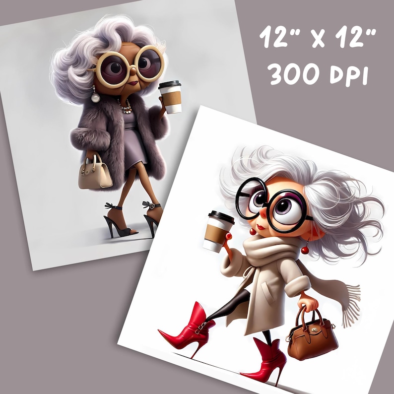 May include: Two prints featuring a cartoon illustration of a stylish elderly woman. One print shows the woman in a purple dress and fur coat, holding a purse and coffee. The other print shows the woman in a white coat and red boots, also holding coffee. The prints are 12" x 12".