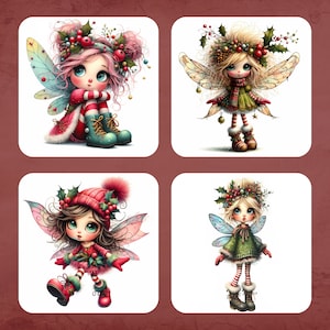 May include: Four illustrations of fairies with wings, wearing red, green, and white outfits with holly and berries in their hair. The fairies are wearing boots and have large eyes.