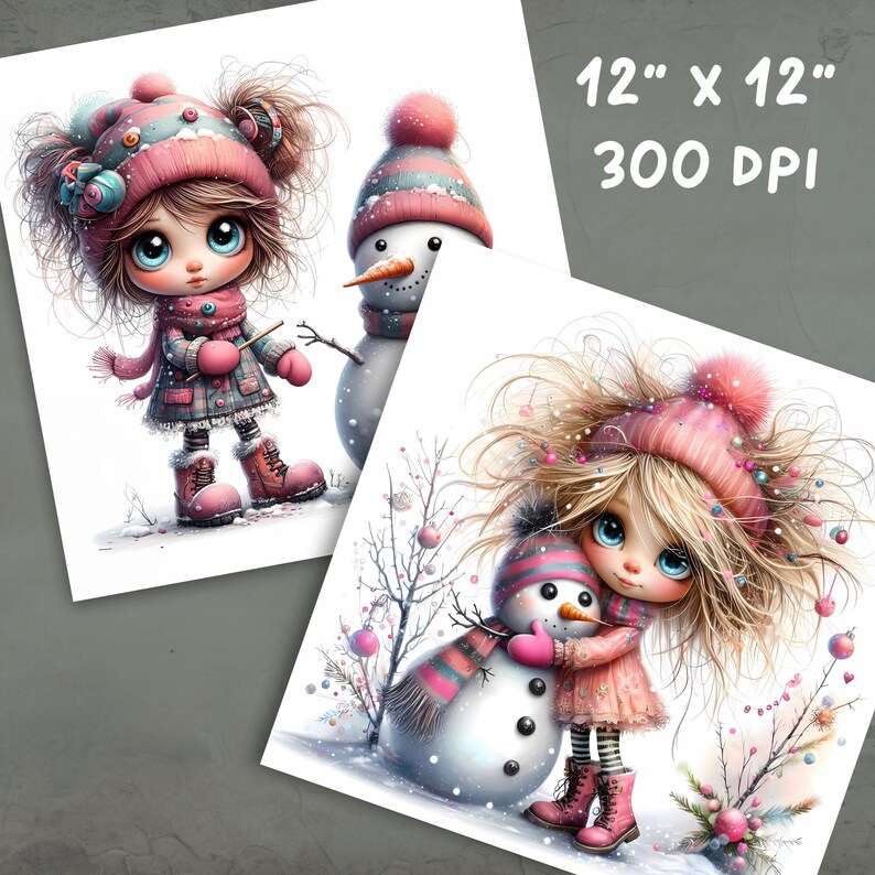 May include: Two digital illustrations of girls with pink hats and scarves, each with a snowman. The girl on the left is holding a stick and the girl on the right is hugging the snowman. Both illustrations have a winter theme with snow and branches.