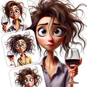 12 Quirky Women Clipart - Quirky Portraits of Women Drinking Wine JPG Images , 300 DPI, Personal and Commercial Use