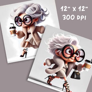 May include: Two prints featuring a cartoon illustration of a stylish elderly woman with oversized glasses, holding a coffee cup and wearing a fur coat and high heels. The prints are 12" x 12" and 300 DPI.