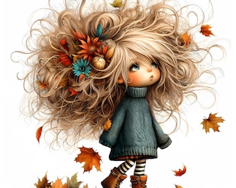 Quirky Girl Clipart, Commercial Use, Cute Whimsical Girl, 10x 300 DPI JPGs, Instant Download, Oversized Sweater, Clip art Bundle
