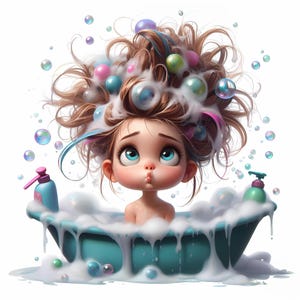 May include: A cartoon girl with brown hair and blue eyes is taking a bath in a blue tub. She is surrounded by bubbles and has soap suds in her hair.
