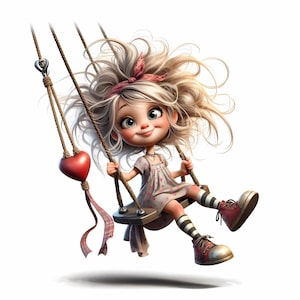 10 wunderliche Mädchen Clipart - Mädchen auf Schaukel mit Herzen JPG Bilder 300 DPI für den persönlichen und kommerziellen Gebrauch