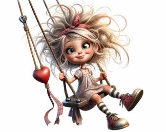 10 cliparts lunatiques de fille - filles sur des balançoires avec des images JPG de coeurs 300 DPI pour un usage personnel et commercial