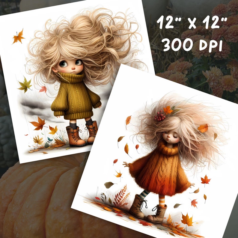 May include: Two illustrations of girls with long blonde hair wearing orange sweaters and brown boots. The girls are standing in a field of falling autumn leaves. The text "12" x 12" 300 DPI" is in the top right corner of the image.