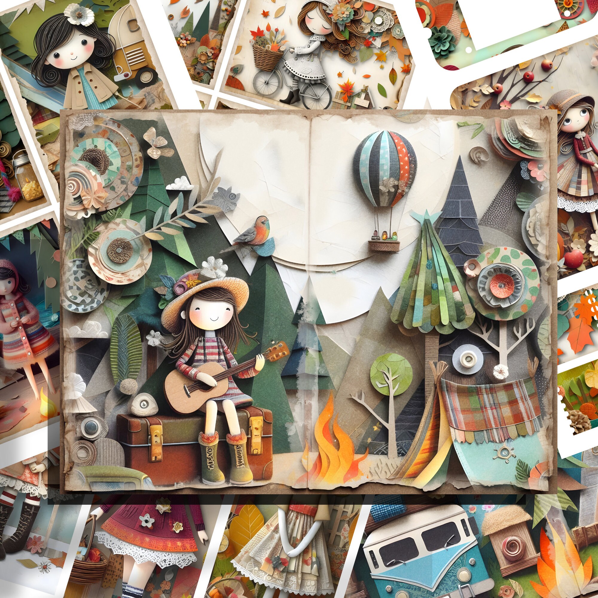 Camping Junk Journal and Ephemera, Whimsical Camping Junk Journal Pages, Whimsical girl,  Digital Collage Sheet, Commercial Use