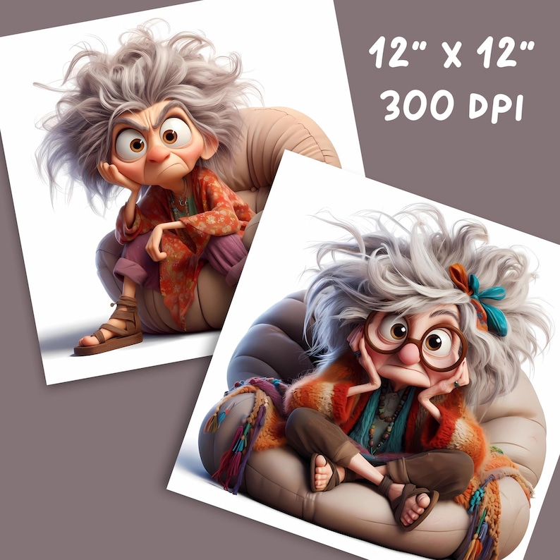 May include: Two digital illustrations of a woman with gray hair, wearing a colorful sweater and sitting in a chair. The woman in the first image is looking to the side with a thoughtful expression. The woman in the second image is looking at the viewer with a surprised expression. Both images are 12 inches by 12 inches and 300 DPI.