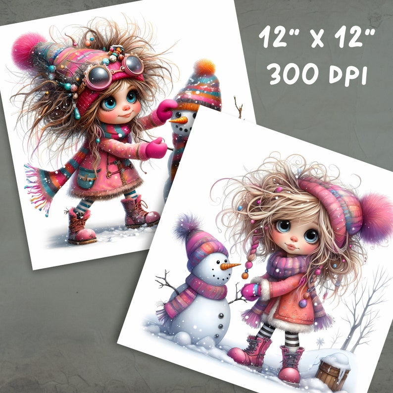 May include: Two digital illustrations of girls with long, curly hair wearing pink winter hats and coats. Each girl is standing in the snow with a snowman. The snowmen are wearing pink and white striped scarves and hats.