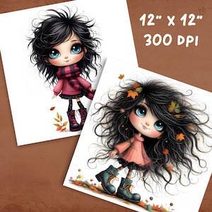 May include: Two digital illustrations of girls with long black hair and large eyes. The girls are wearing pink sweaters and boots. The background is white with fall leaves scattered around them. The image is 12 inches by 12 inches and 300 DPI.
