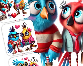 15 schrullig Liebe Vögel Clipart - Valentinstag Themed JPG Bilder 300 DPI, JPG Bundle | Skurrile Kreaturen, Kommerzielle Nutzung,