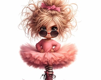 May include: A young girl with blonde hair and a pink bow in her hair is wearing a pink tutu, black and white striped tights, and pink sneakers. She is wearing sunglasses and has a serious expression on her face.