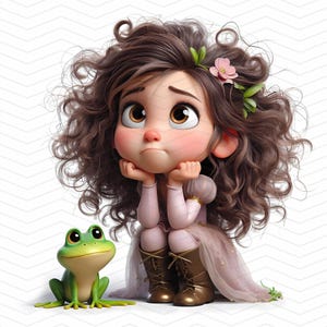 Clipart grillige prinses en de kikker – 10 betoverende JPG-afbeeldingen op witte achtergrond, JPG-afbeeldingen 300 DPI voor persoonlijk en commercieel gebruik