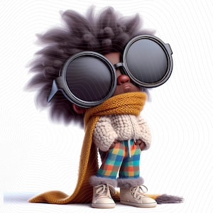 Clipart lunatique petit garçon - afro-américain, vêtements confortables et lunettes de soleil surdimensionnées - téléchargement numérique - haute résolution, usage commercial