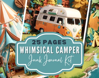 25 Whimsical Camping scenes, Junk Journal pages, Camping and Ephemera, Retro Campers, Tents, Digi Download, Printable, Personal/Commercial