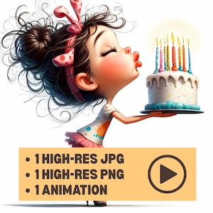 Peut inclure: Illustration d'une jeune fille soufflant les bougies d'un gâteau d'anniversaire. Le gâteau blanc est orné de paillettes et de bougies colorées. La fille porte un nœud rose et une robe. Le texte de l'image est : "1 HIGH-RES JPG, 1 HIGH-RES PNG, 1 ANIMATION."
