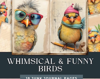 Funny Birds Junk Journal Pages, Whimsical Scrapbook Vintage Papers, Nature Collage, Digital Download, Quirky Printable Ephemera
