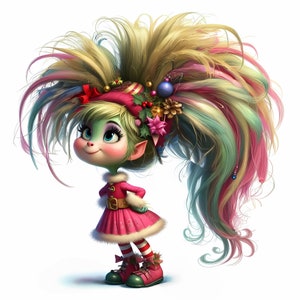 May include: A green-skinned elf doll with long, colorful hair styled in a festive updo. She is wearing a pink dress with white fur trim, red and white striped stockings, and pink shoes. The doll is smiling and looking to the right.