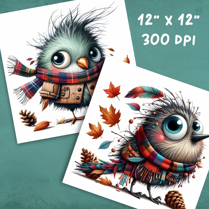 K&ouml;nnte beinhalten: Zwei skurrile Vogel-Illustrationen mit herbstlichen Details. Beide V&ouml;gel tragen bunte Schals und haben gro&szlig;e, ausdrucksstarke Augen. Der Hintergrund ist wei&szlig; mit verstreuten Herbstbl&auml;ttern.
