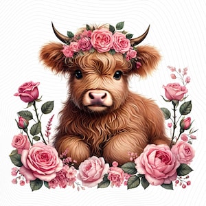 12 Whimsical Highland Cow Clip art, vacas fofas cercadas por rosas, JPGs de alta resolução, criação de cartões, reserva de scrapbook, uso comercial