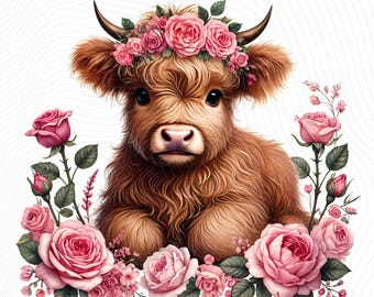 12 Whimsical Highland Cow Clip art, Cute Cows Surrounded by Roses, High Resolution JPGs, Card Making, Scrap booking, Commercial Use