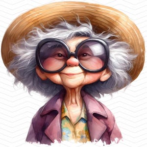 15 grillige grootmoeder clipart-oudere vrouwen dragen oversized hoeden JPG-afbeeldingen op witte achtergrond, 300 DPI, persoonlijk en commercieel gebruik