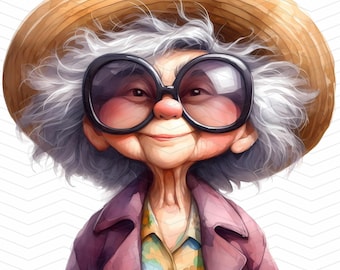15 Whimsical Grandmother Clipart JPGs, Older Women in Hats, Commercial Use