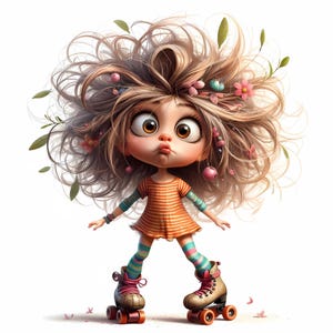 May include: A cartoon girl with brown hair and big eyes is wearing a striped orange and white dress, blue and green striped socks, and pink roller skates. She has flowers and berries in her hair.