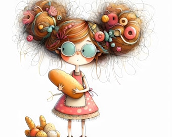 Quirky Baker Girl Clipart, Commercial Use (300 DPI JPGs, Instant Download)