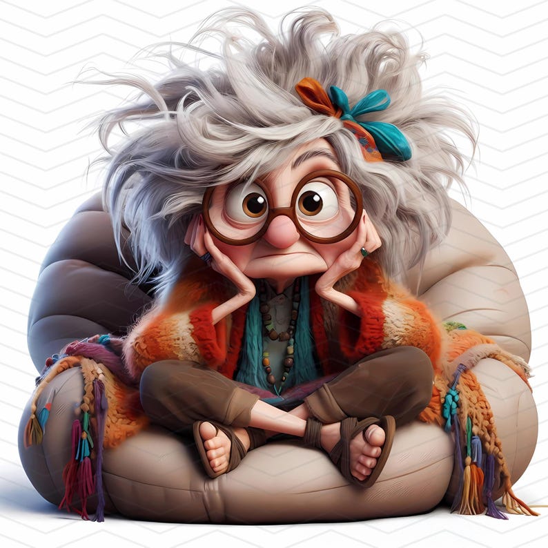 May include: A cartoon illustration of a woman with gray hair, wearing glasses, a colorful sweater, and a scarf, sitting in a large, light brown armchair.