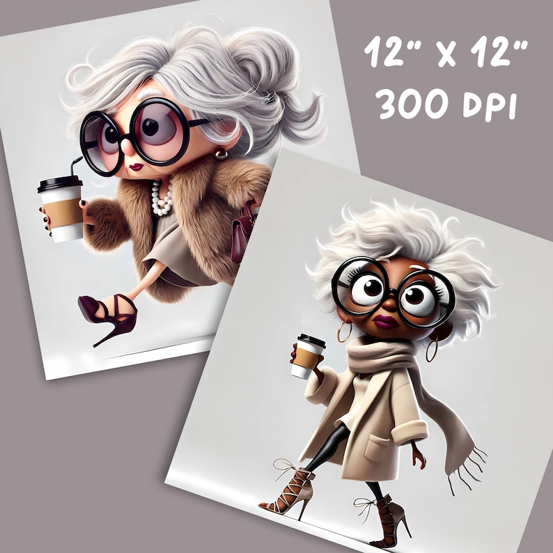May include: Two prints featuring cartoon illustrations of stylish women with oversized glasses, holding coffee cups. The women are dressed in fashionable attire, including coats, scarves, and high heels. The prints are labeled "12" x 12" 300 DPI."