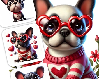 10 Valentine French Bulldog images, Valentine's Day Dog, Whimsical Valentine French Bulldog Clipart 300 DPI, Personal and Commercial Use