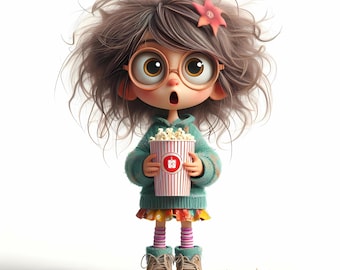 Quirky Girl Clipart, Commercial Use, Cute Whimsical Girl, 300 DPI JPGs, Instant Download, Popcorn Party, Junk Journal Clip Art