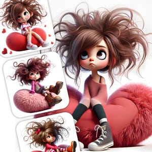12 Whimsical Girl Clipart - Meninas peculiares sentadas em sacos de feijão em forma de coração Imagens JPG 300 DPI, uso pessoal e comercial