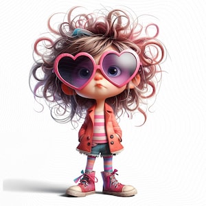 10 wunderliche Mädchen Clipart - Mädchen mit übergroßen herzförmigen Sonnenbrillen JPG Bilder 300 DPI für den persönlichen und kommerziellen Gebrauch